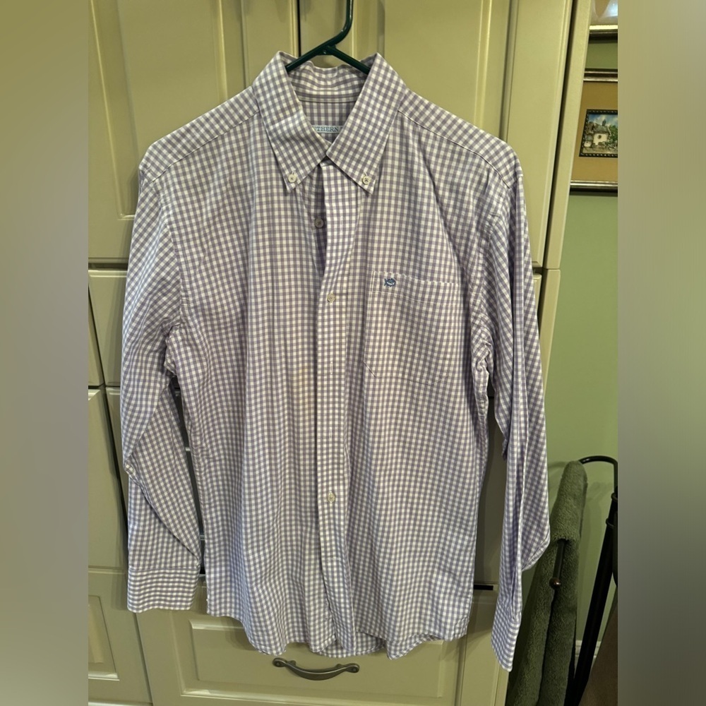 Southern Tide men’s button down dress shirt size small purple checkered print
